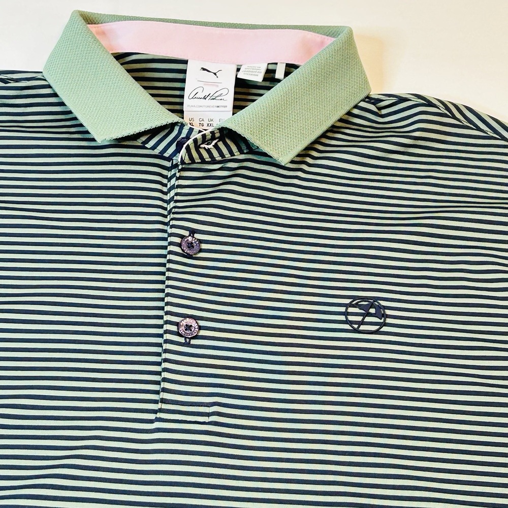 PUMA Arnold Palmer Golf Polo Mens XL Green Striped Umbrella Logo Shirt